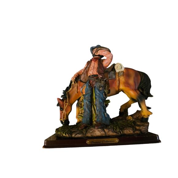 IAC Premier Edition Horse And Cowboy Resin Statue on Wood Base - Picture 2 of 6